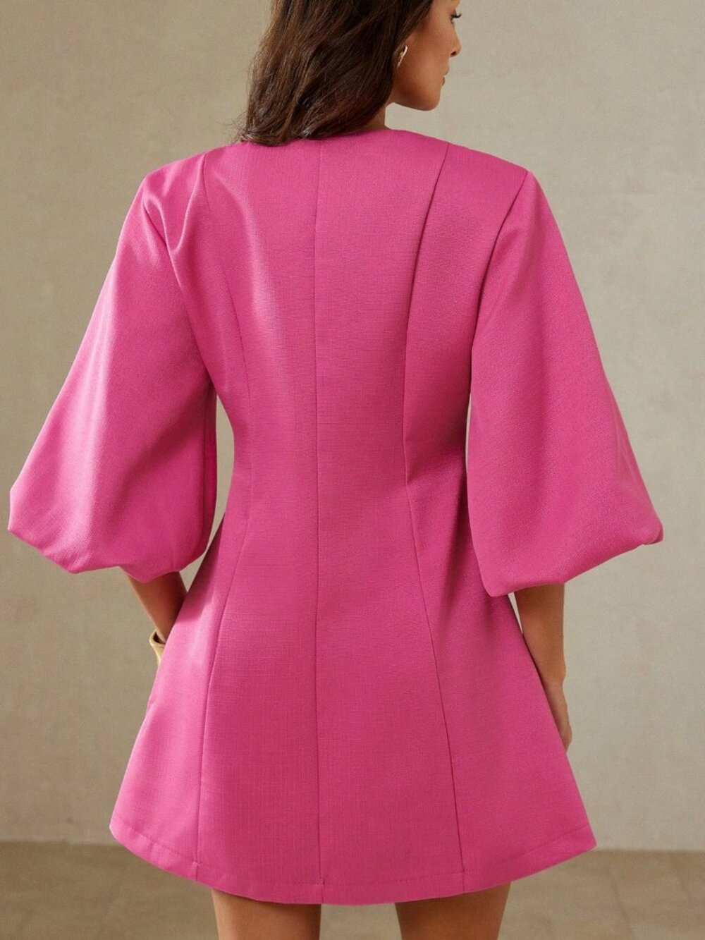 Pink Elegant Women's textured  Buttons Round Neck Lantern Sleeves Mini Dress - Picture 3 of 6